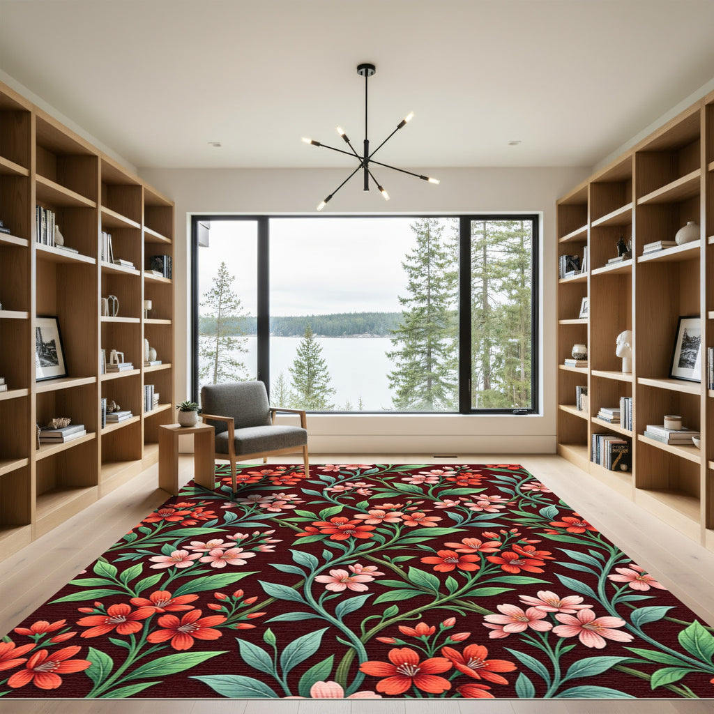 Crimson Coral Floral Vine Ensemble Rug