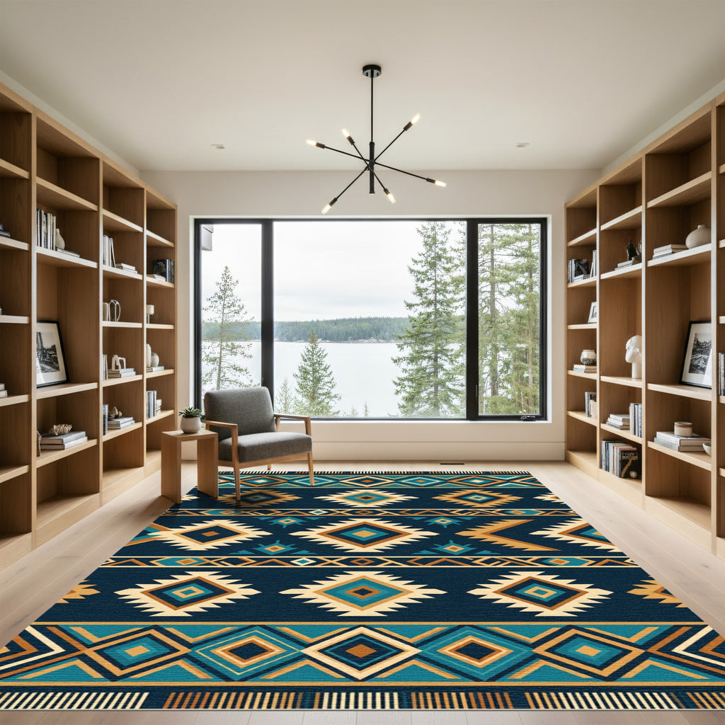 Geometric Teal and Ochre Diamond Rug