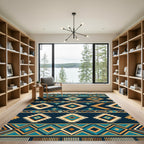 Geometric Teal and Ochre Diamond Rug