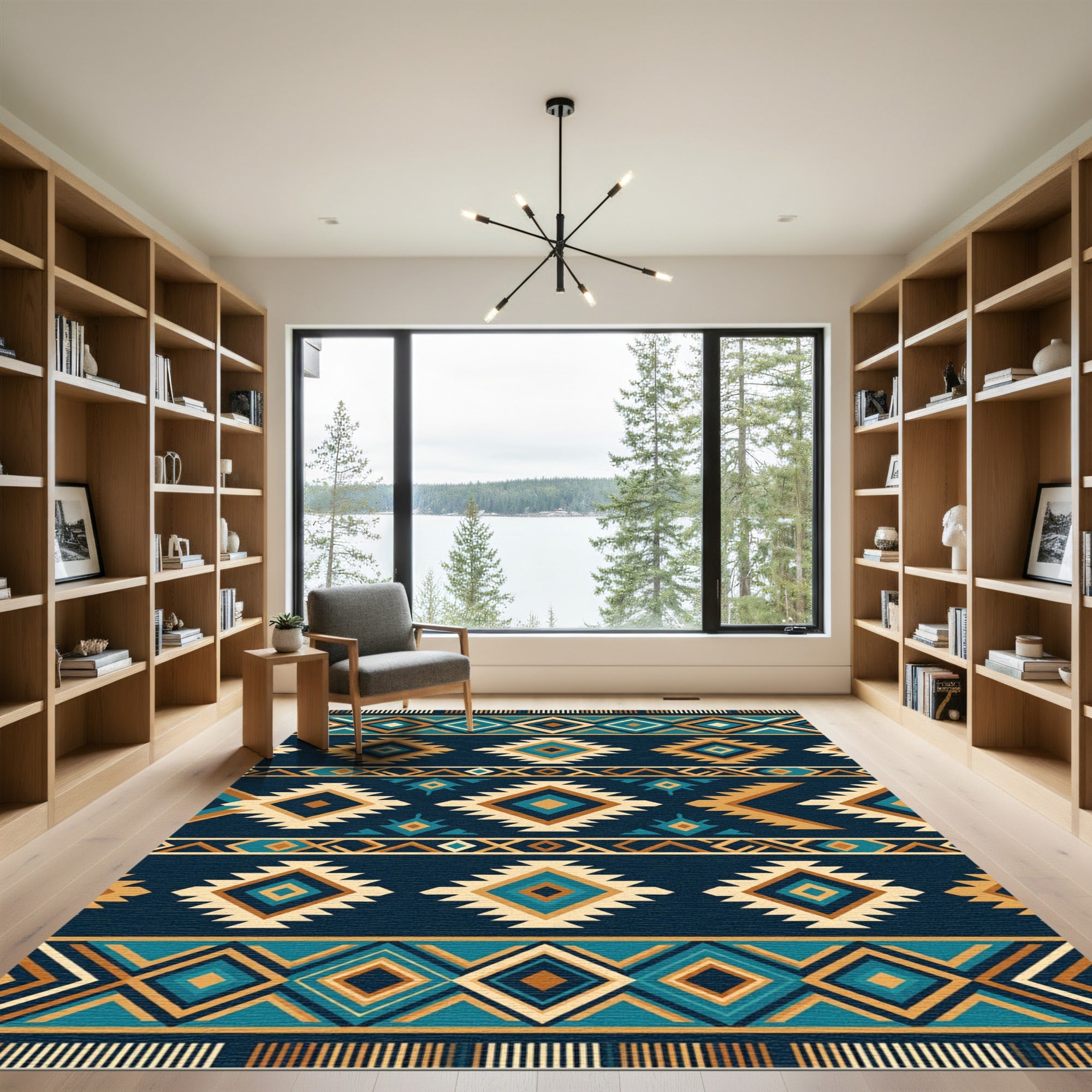 Geometric Teal and Ochre Diamond Rug