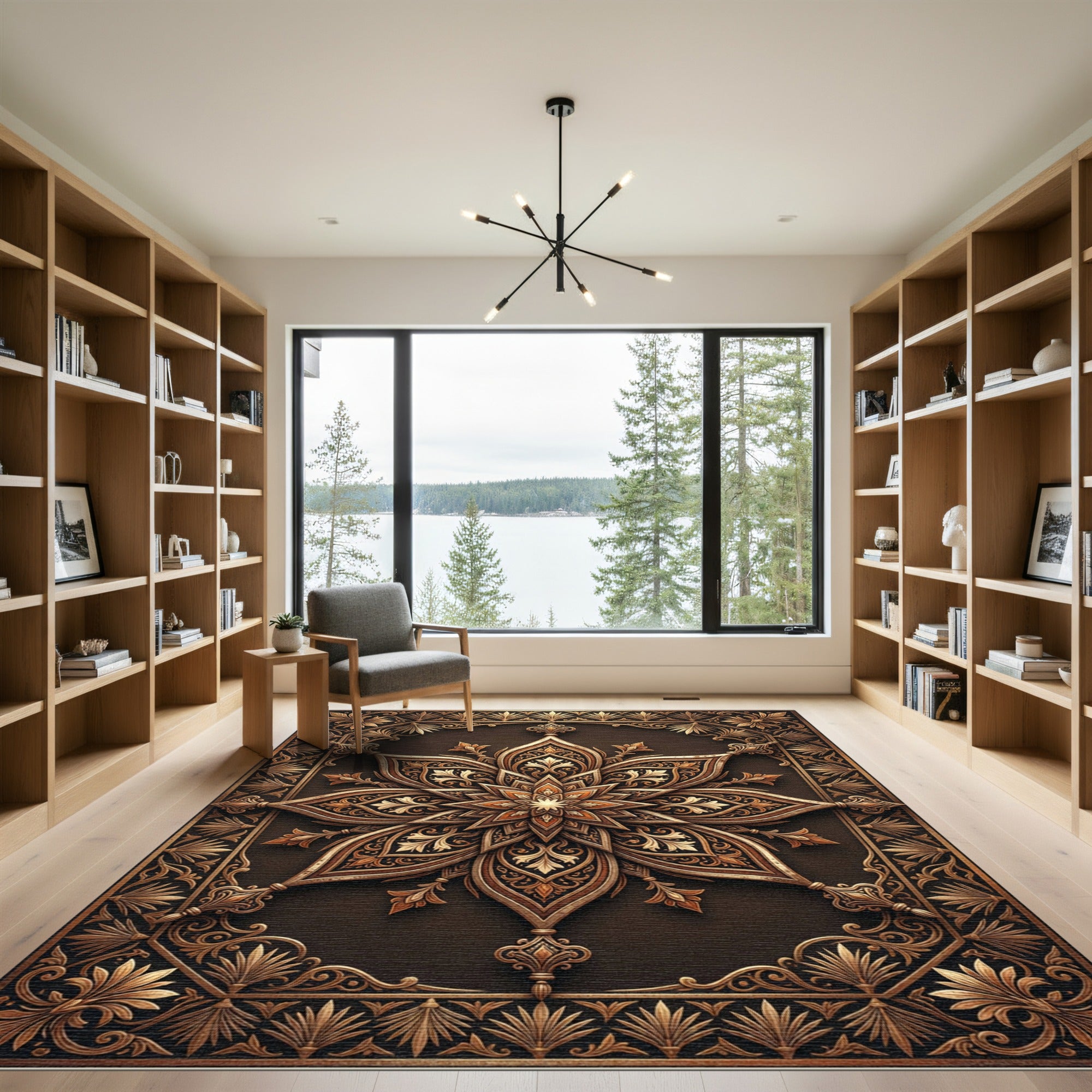 Ornate Gold Symmetrical Floral Medallion Rug