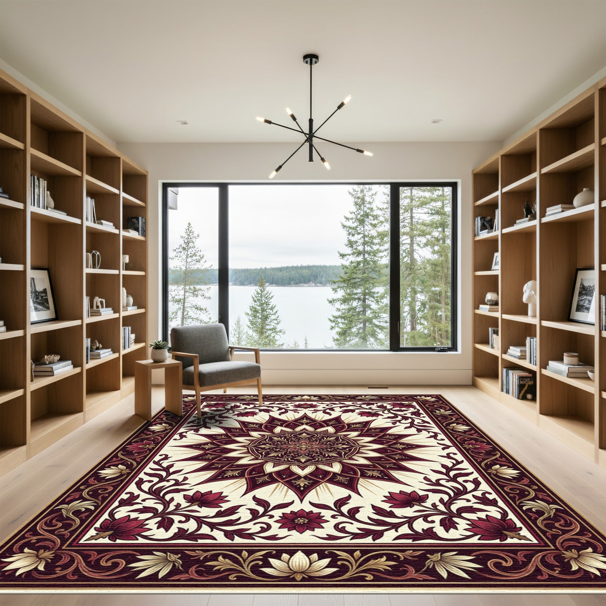 Burgundy Cream Floral Sun Medallion Rug