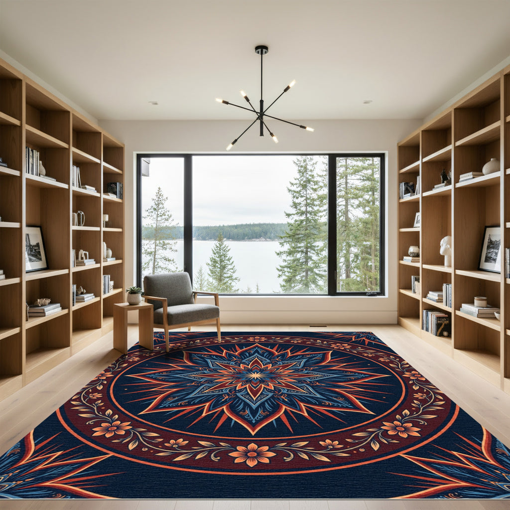 Deep Blue Orange Floral Mandala Sunburst Rug