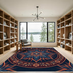 Deep Blue Orange Floral Mandala Sunburst Rug