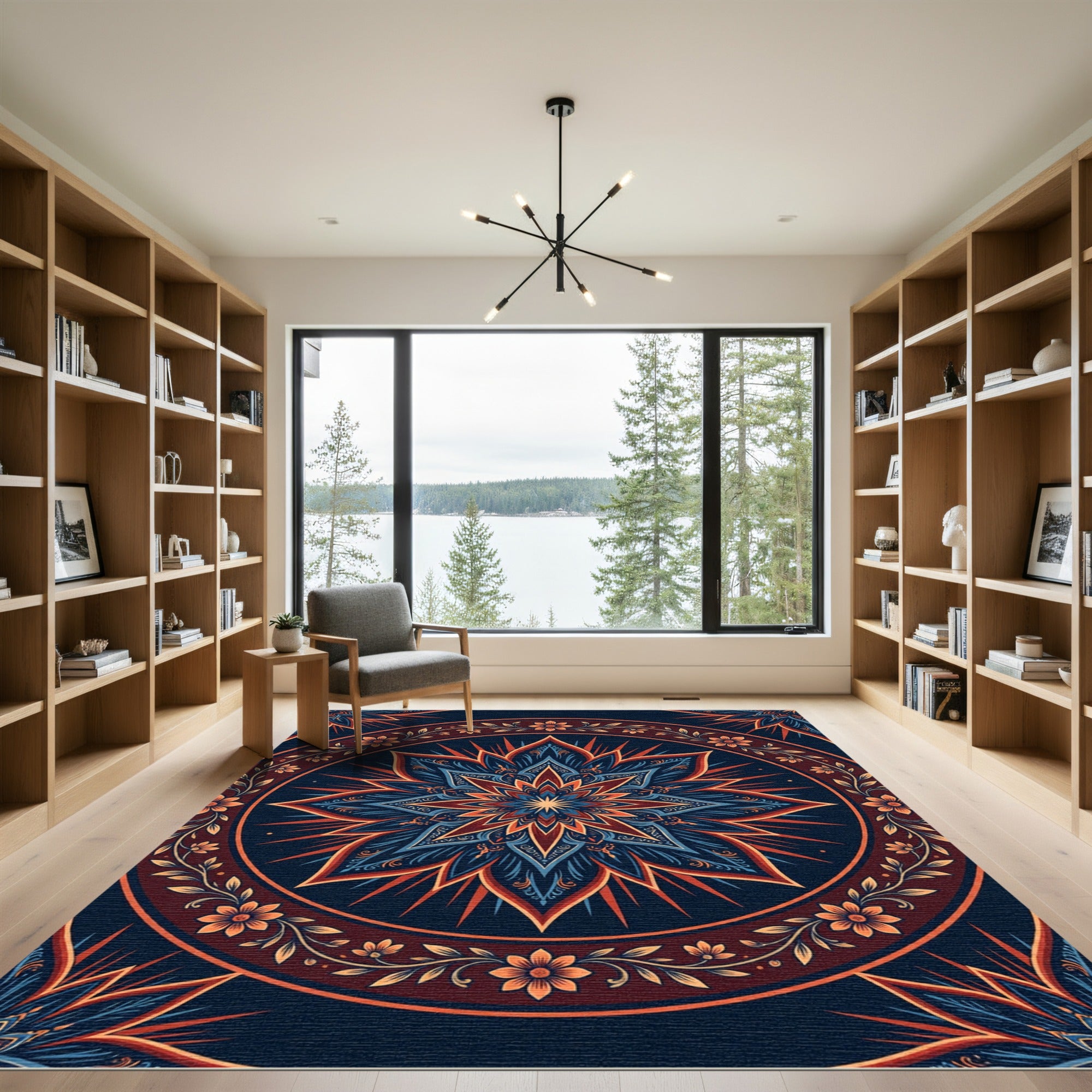 Deep Blue Orange Floral Mandala Sunburst Rug