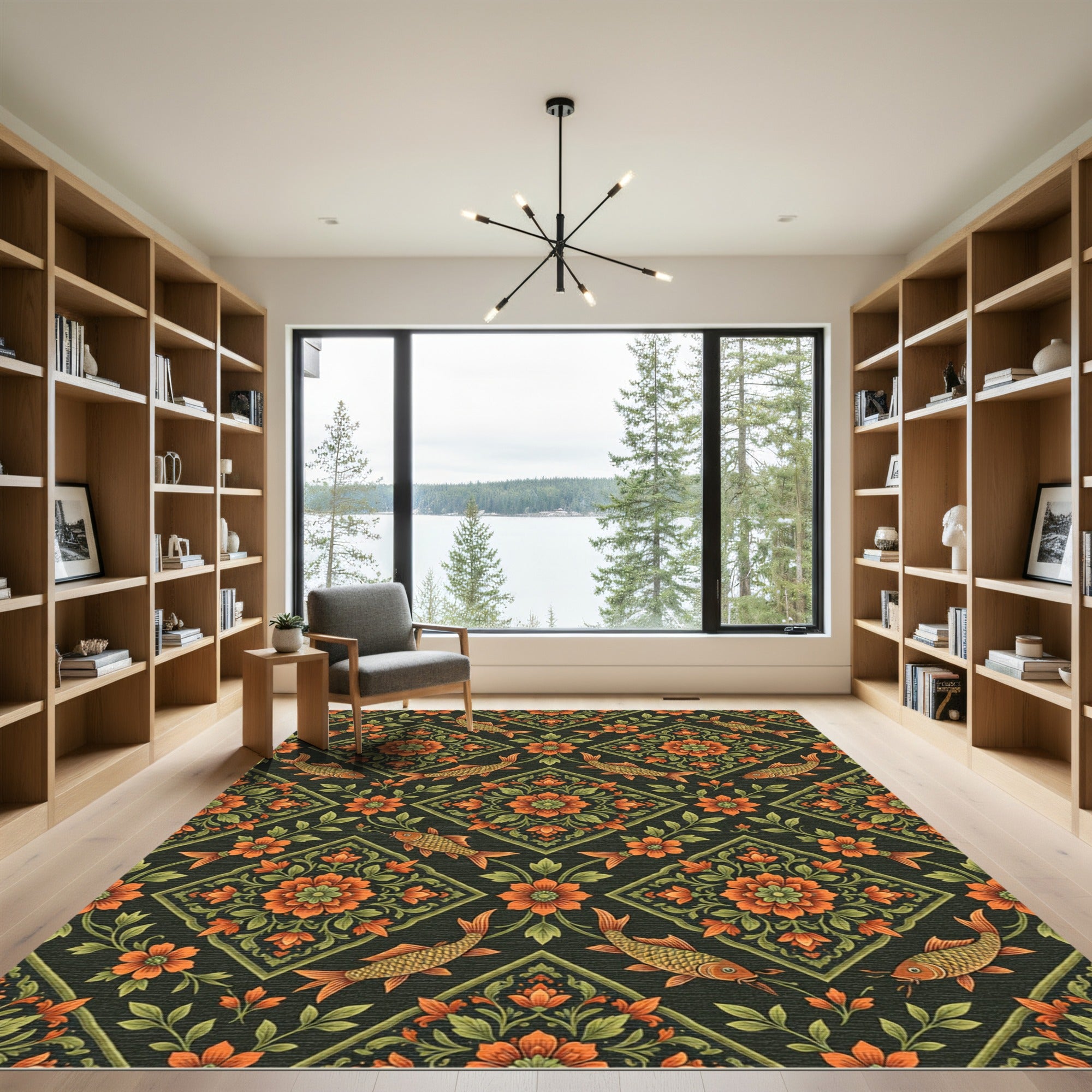 Orange Floral Koi Diamond Arrangement Rug