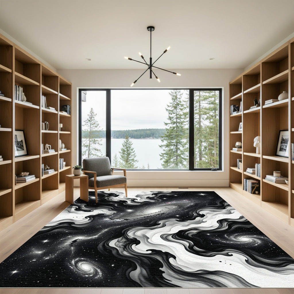 Black and White Cosmic Nebula Swirl Rug