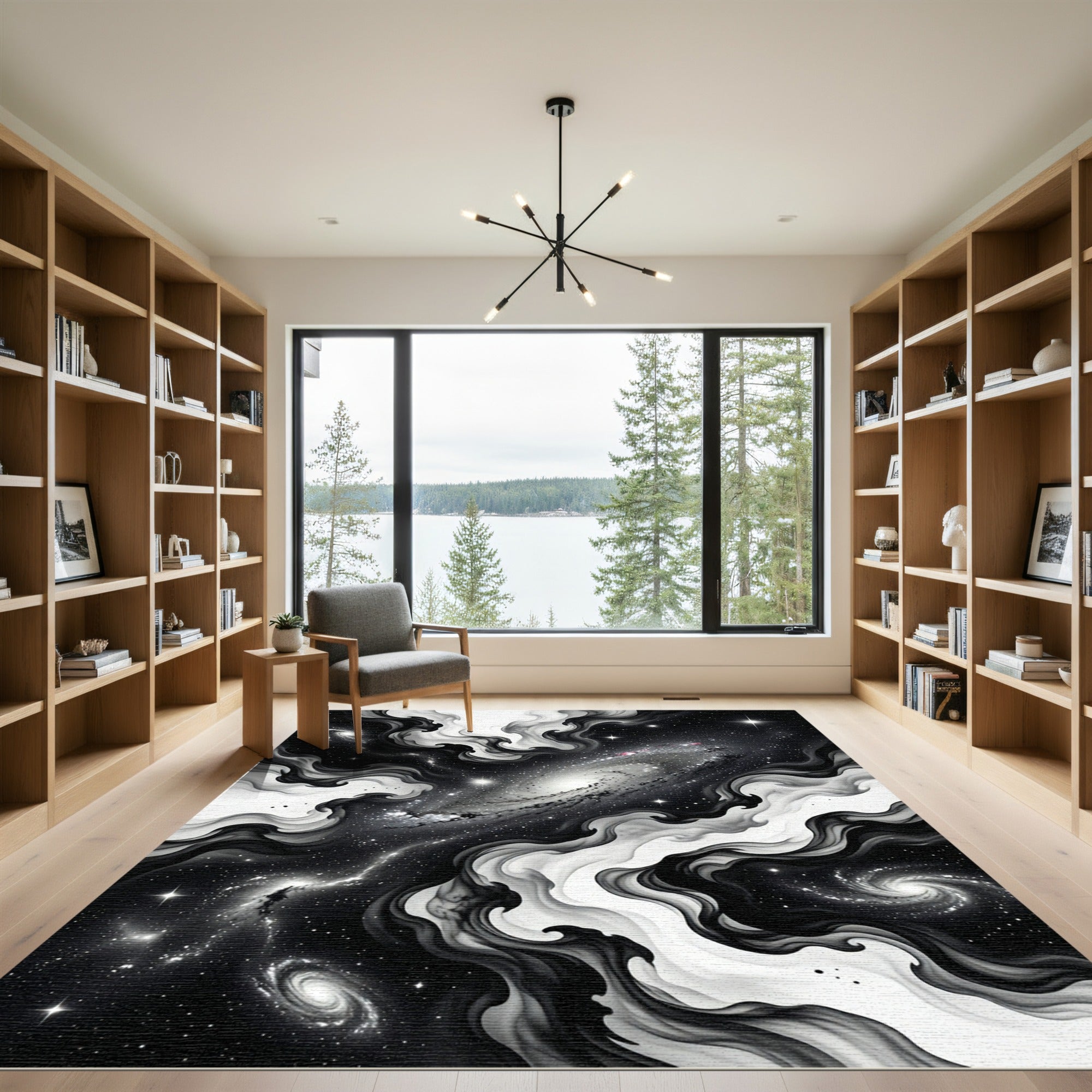Black and White Cosmic Nebula Swirl Rug