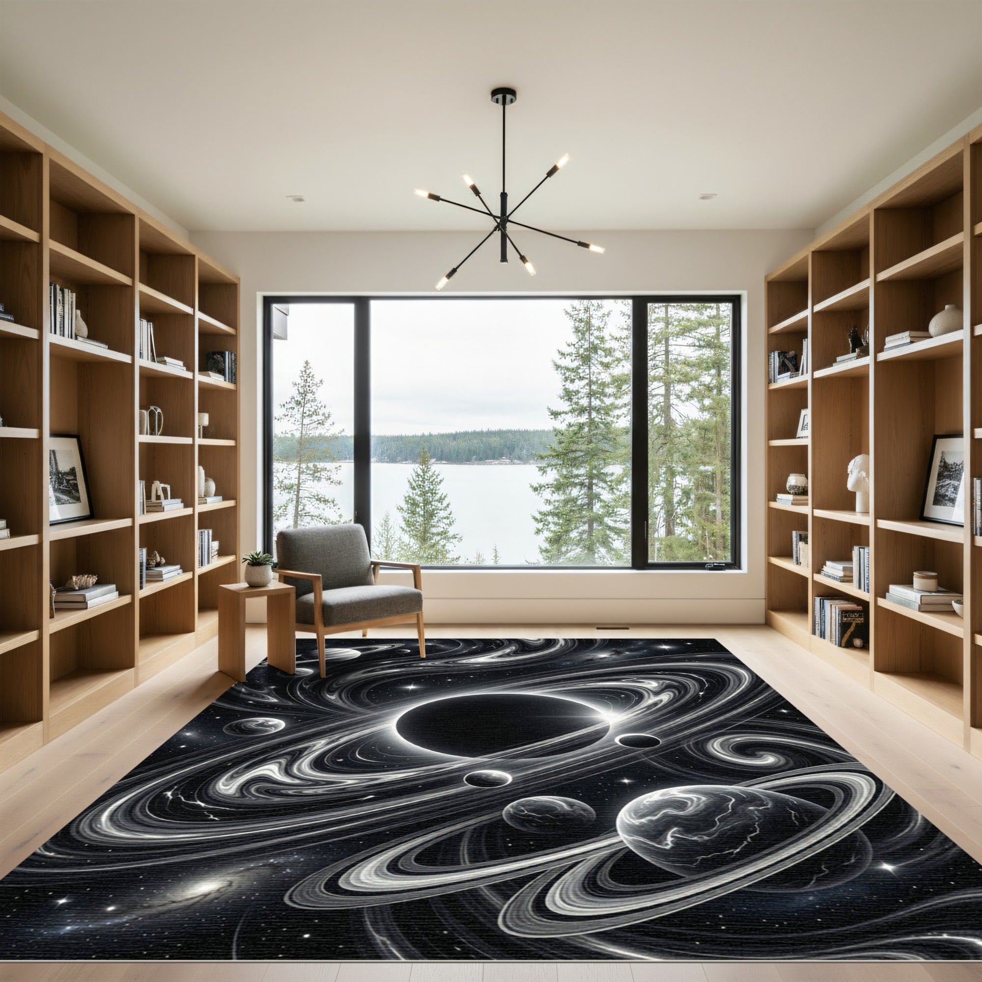 Cosmic Black White Swirling Planets Rug