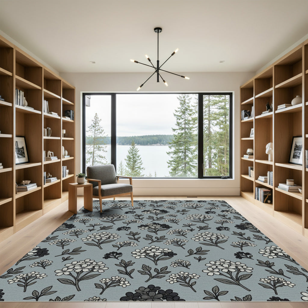 Gray White Floral Blossom Cluster Rug