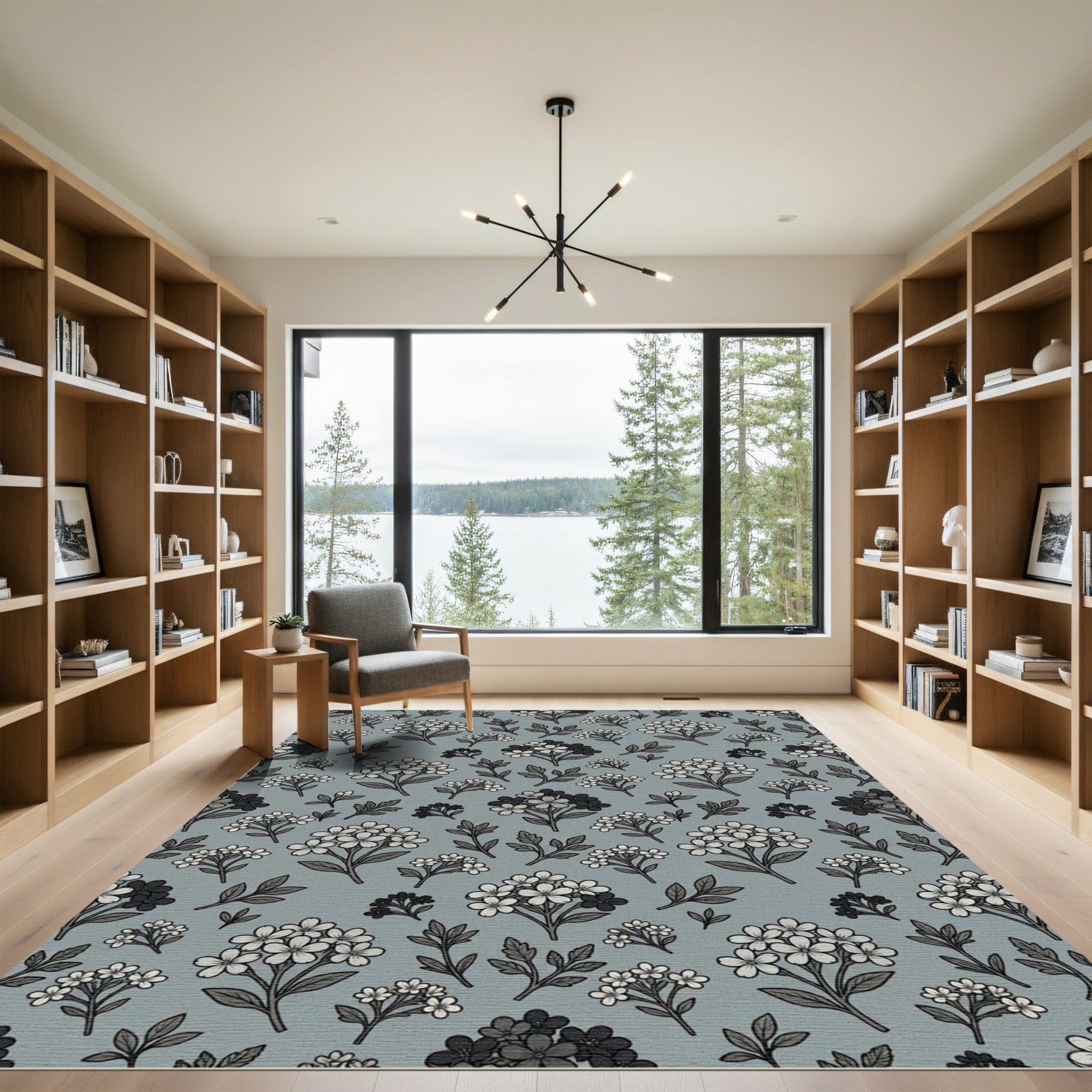 Gray White Floral Blossom Cluster Rug