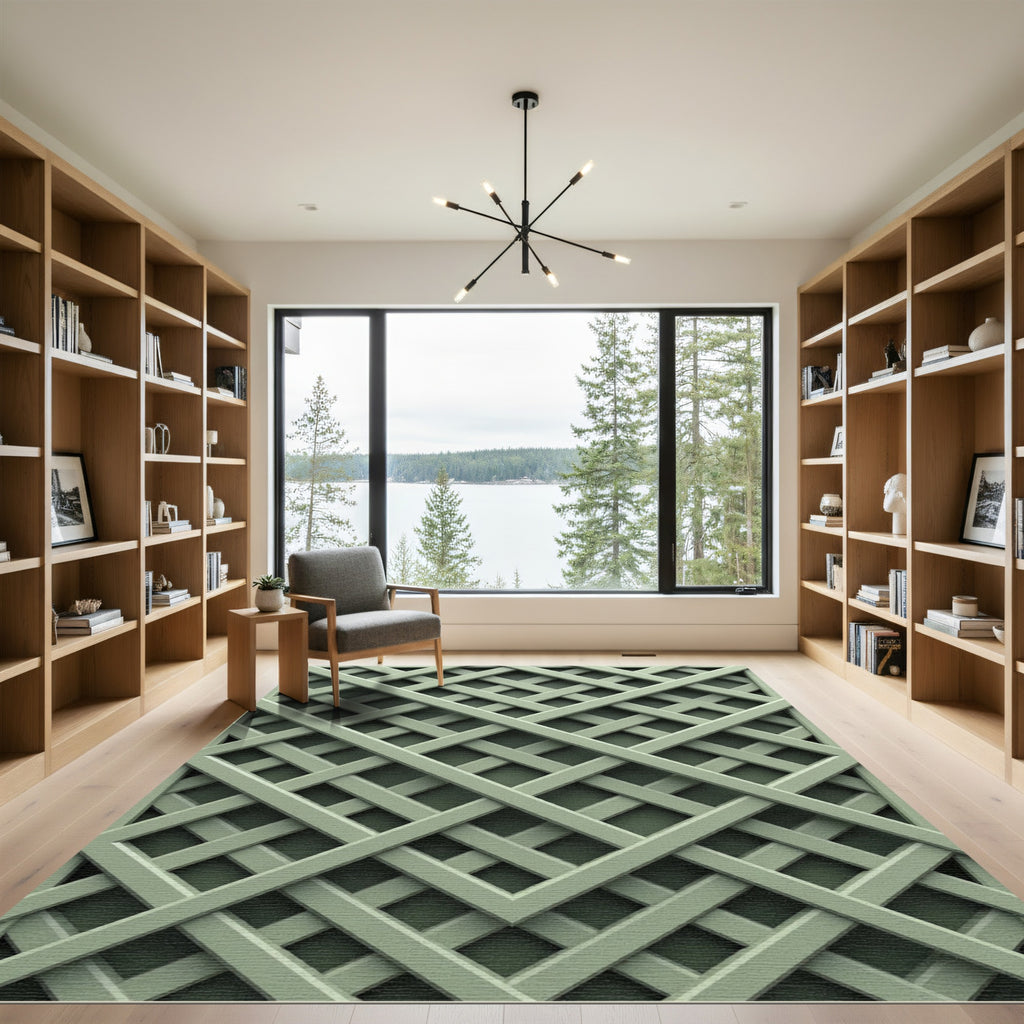 Sage Green Interlocking Geometric Lattice Rug