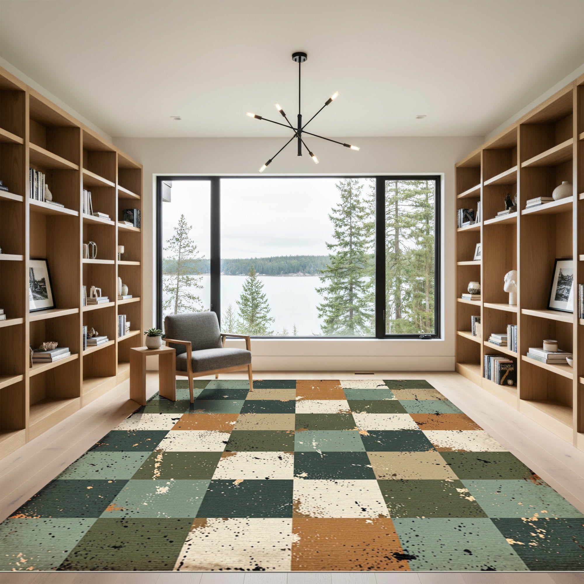 Distressed Earth Tone Checkerboard Mosaic Rug