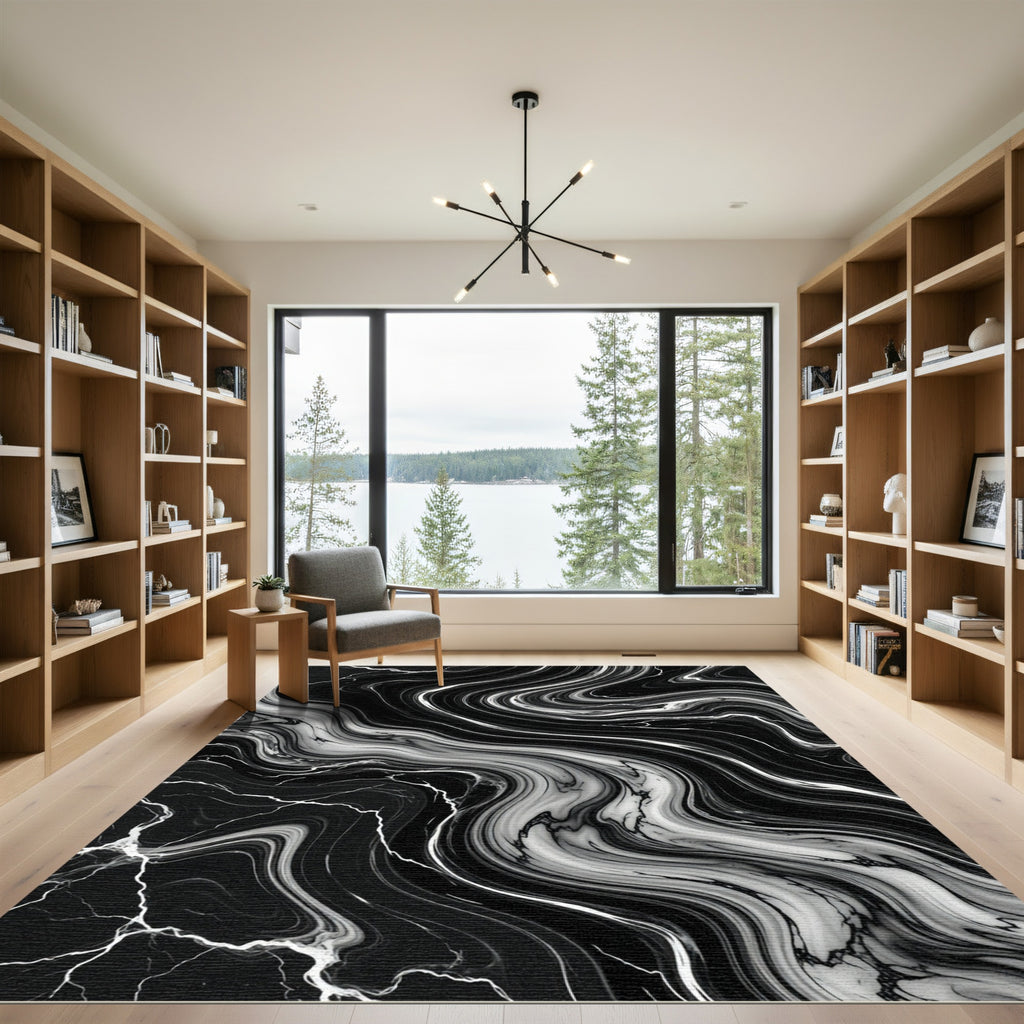 Chic Black White Swirl Marble Rug
