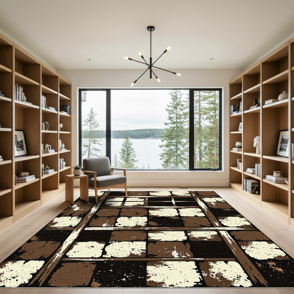 Abstract Earthy Tone Broken Tile Grid Rug
