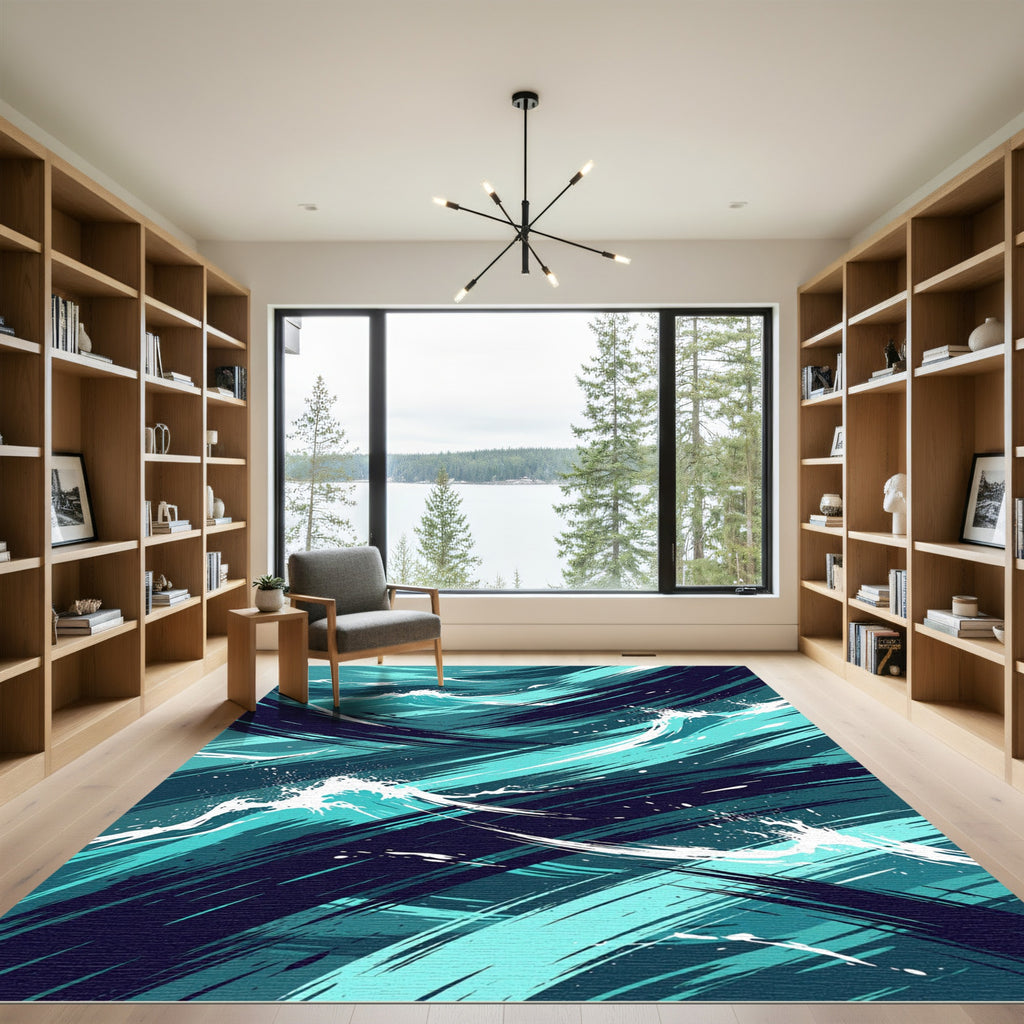 Aqua Deep Blue Brushstroke Wave Rug