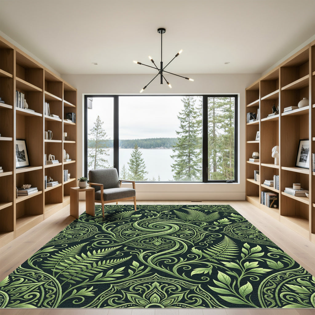 Lush Emerald Fern Swirl Botanical Rug