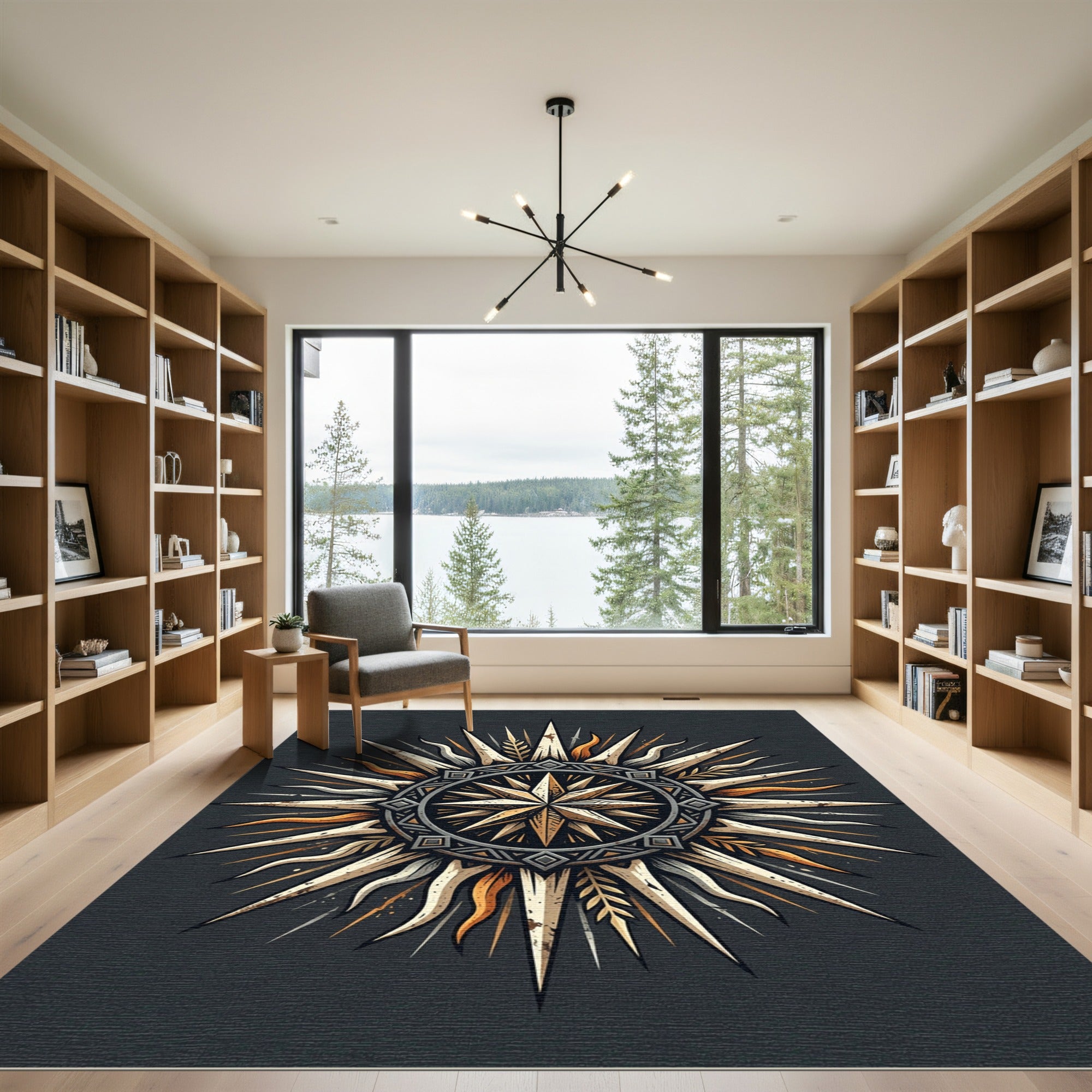 Rustic Celestial Gold Compass Sun Rug
