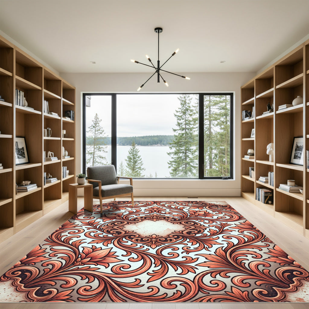 Elegant Coral Floral Baroque Scroll Rug