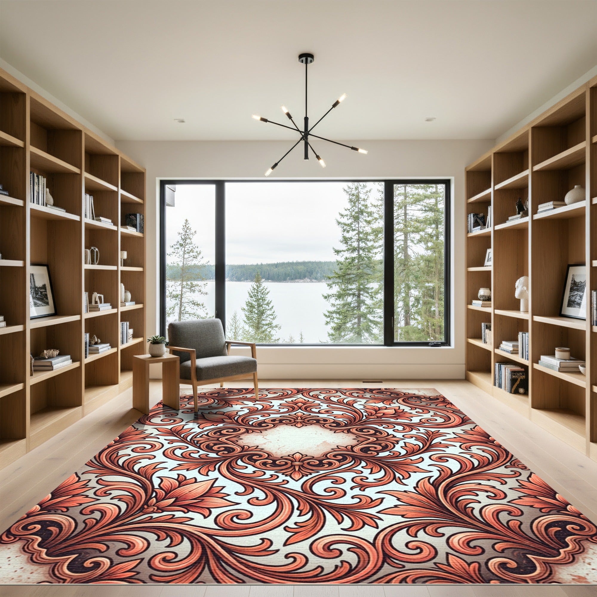 Elegant Coral Floral Baroque Scroll Rug