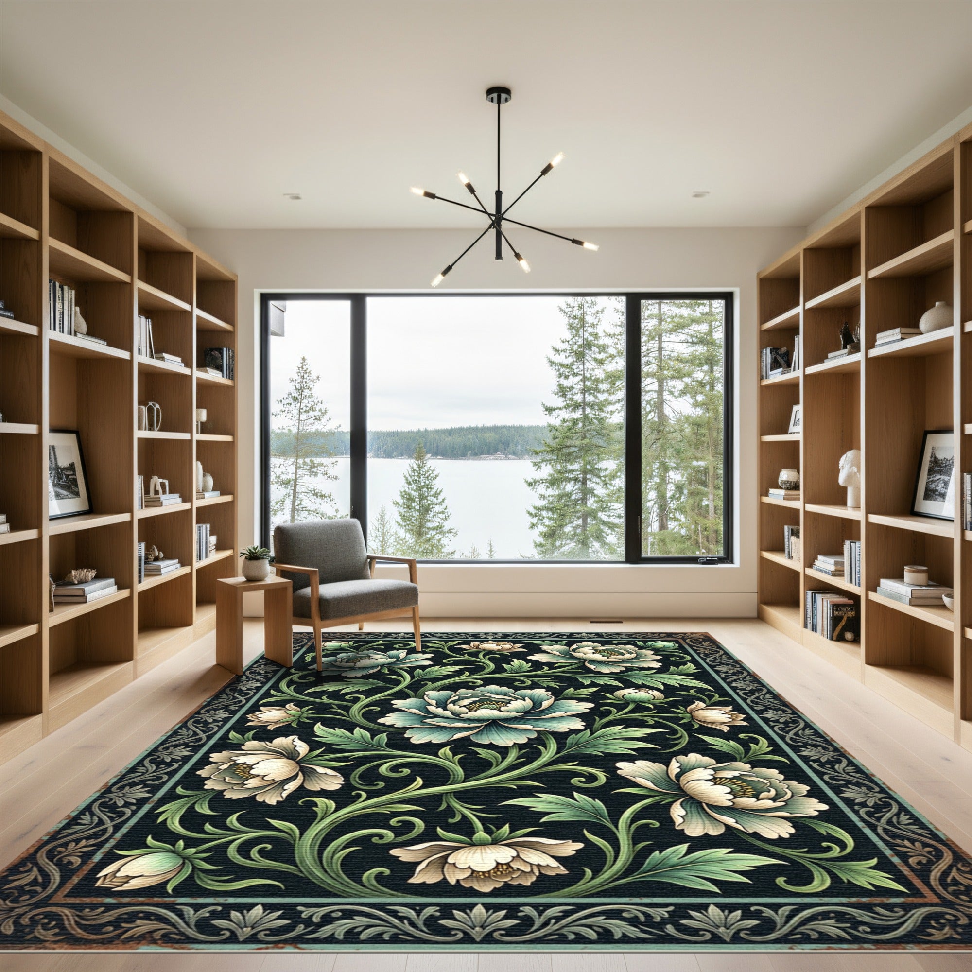 Aqua White Peony Floral Scroll Rug