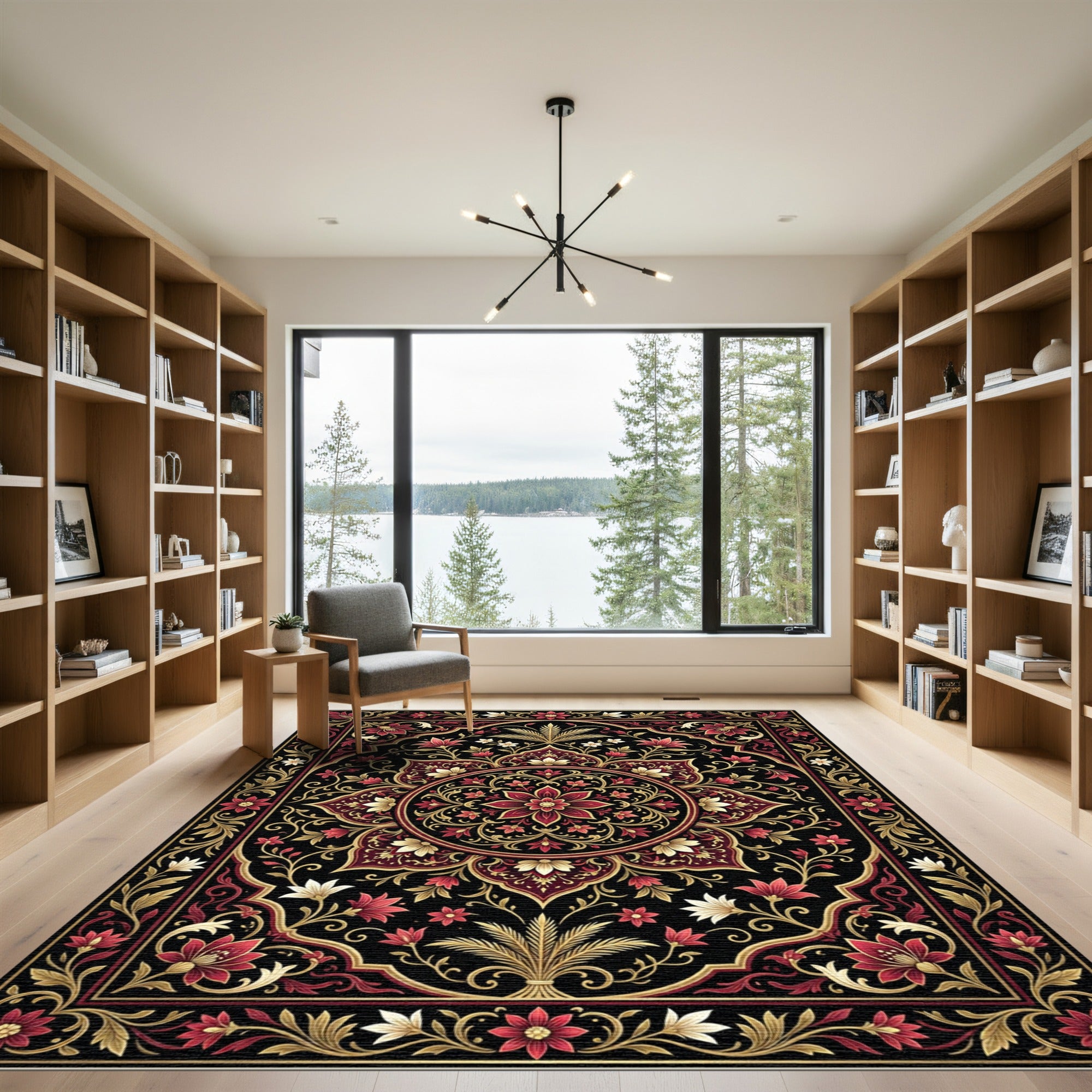 Intricate Crimson Gold Floral Medallion Rug