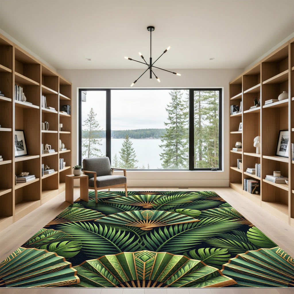 Emerald Green Fan Tropical Leaves Rug