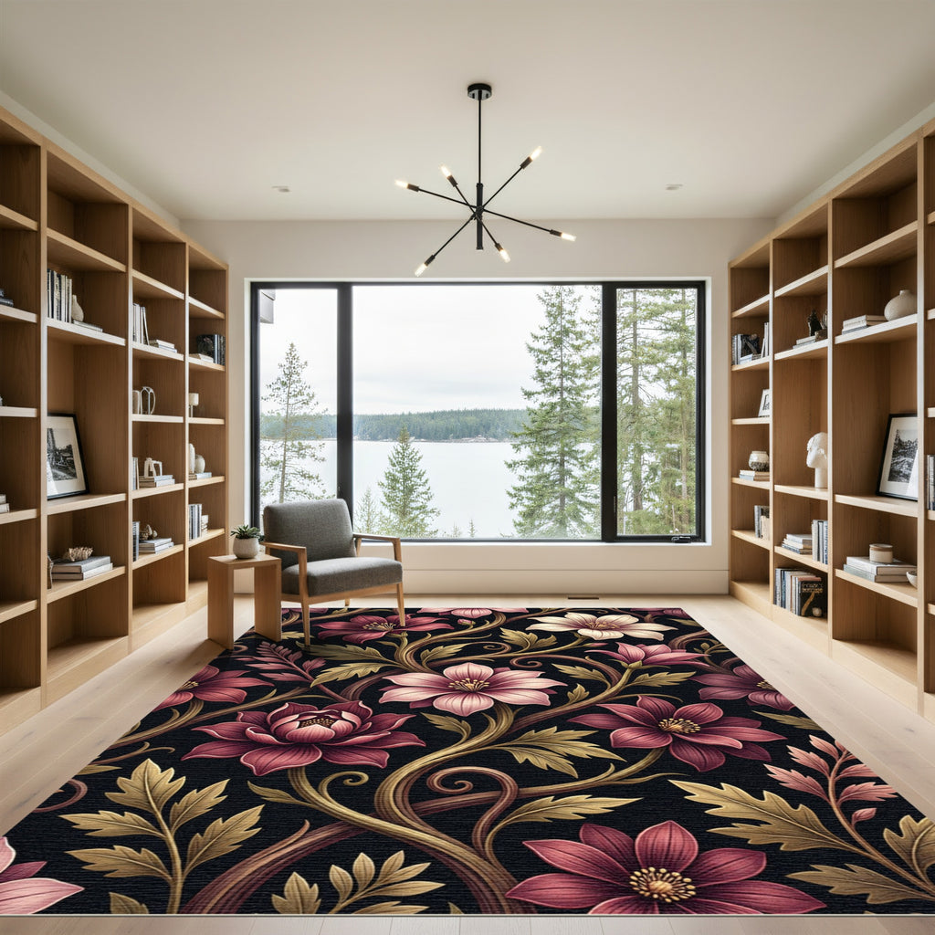 Elegant Deep Pink Floral Scroll Rug