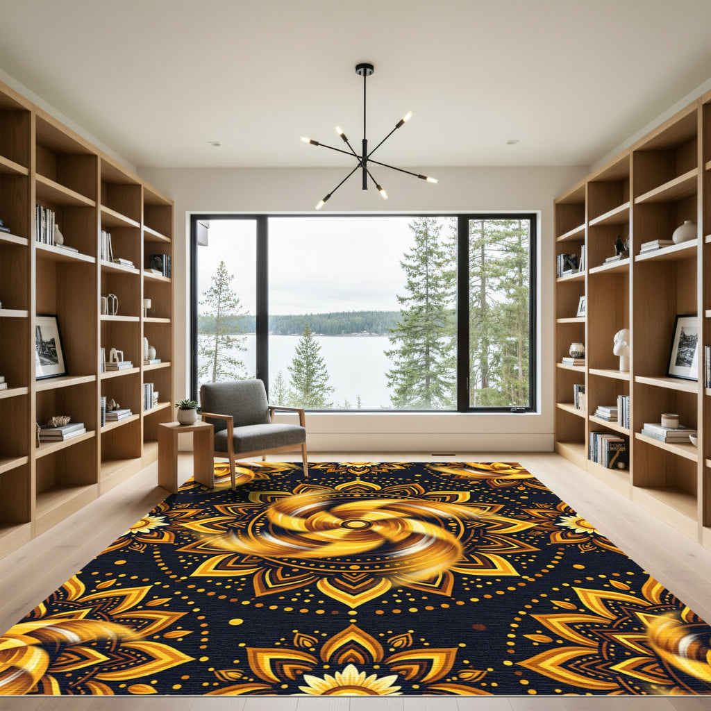 Golden Sunburst Radiant Mandala Art Rug