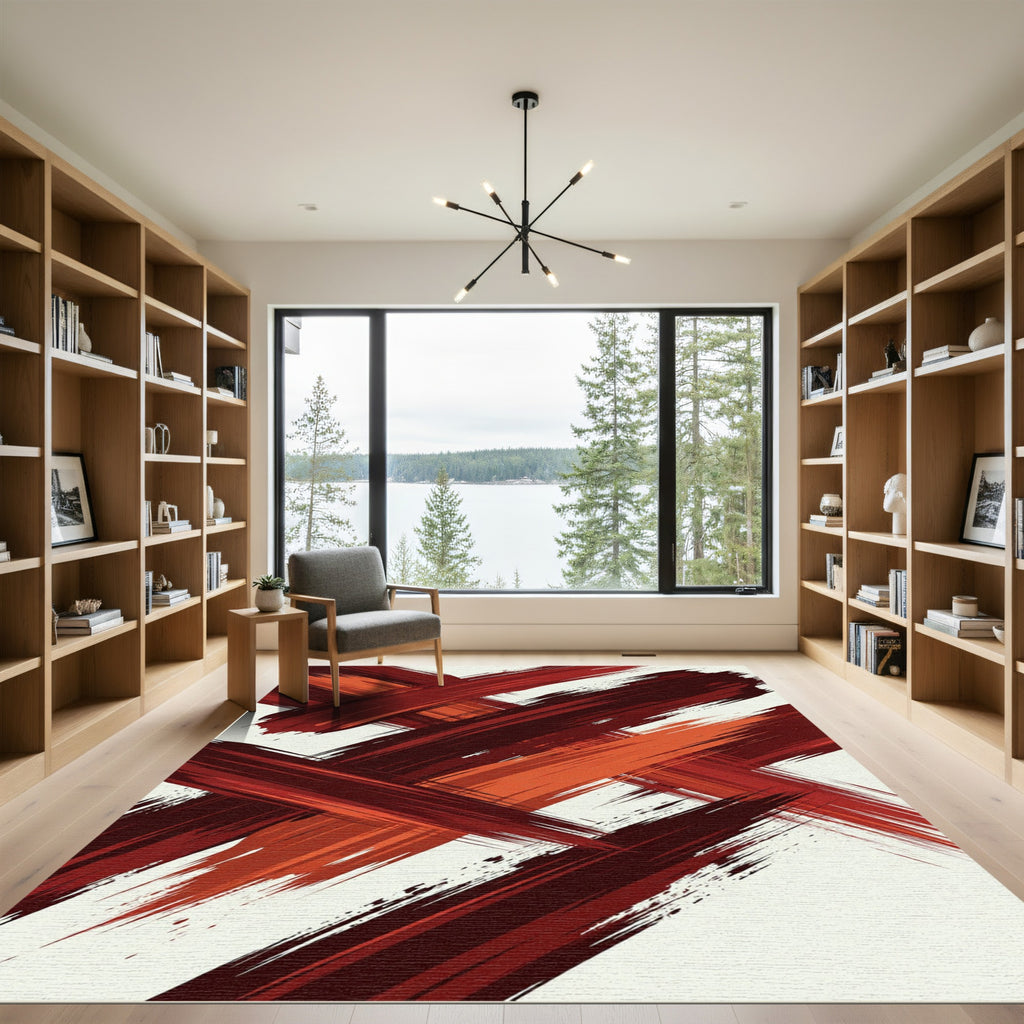 Bold Crimson Abstract Brushstroke Art Rug