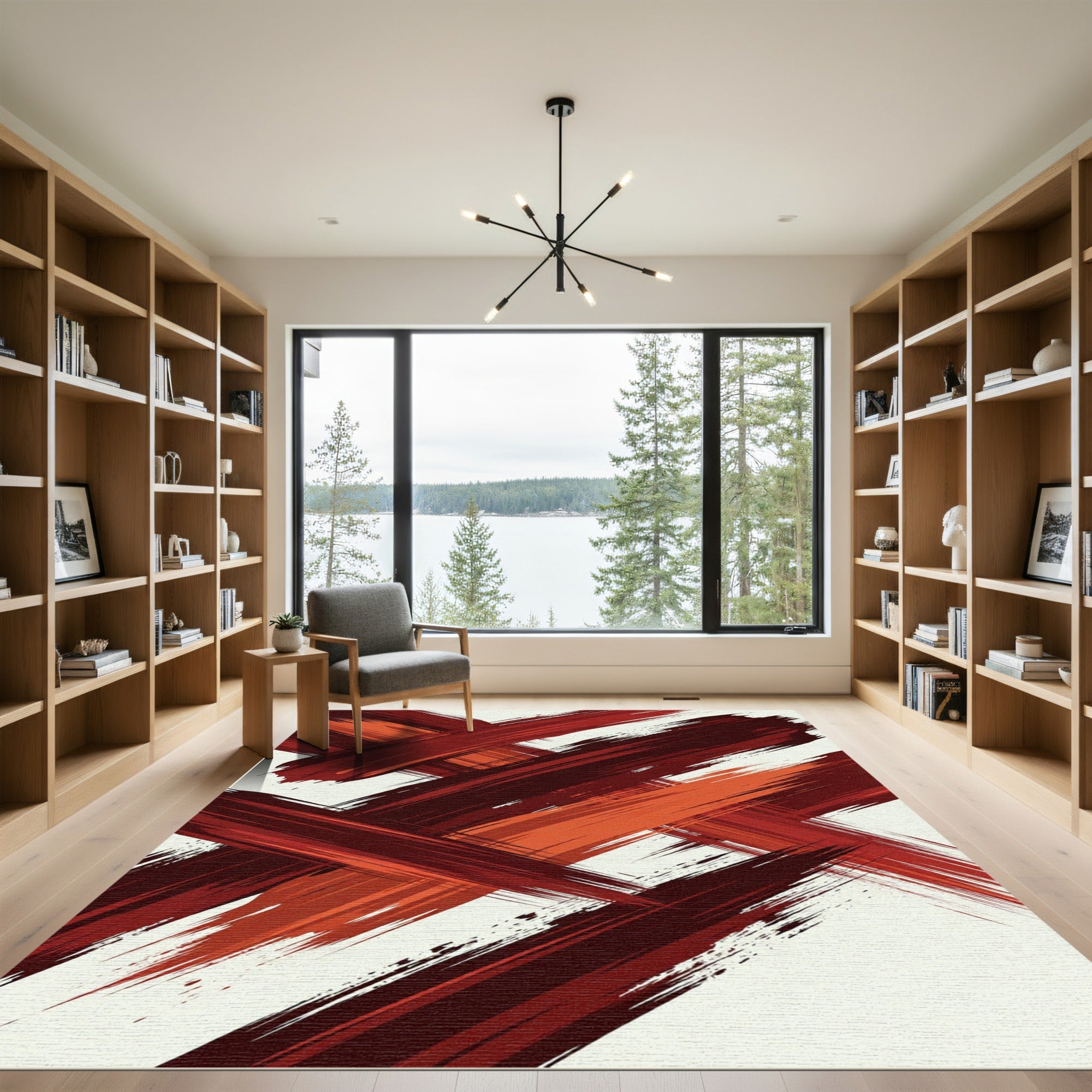 Bold Crimson Abstract Brushstroke Art Rug
