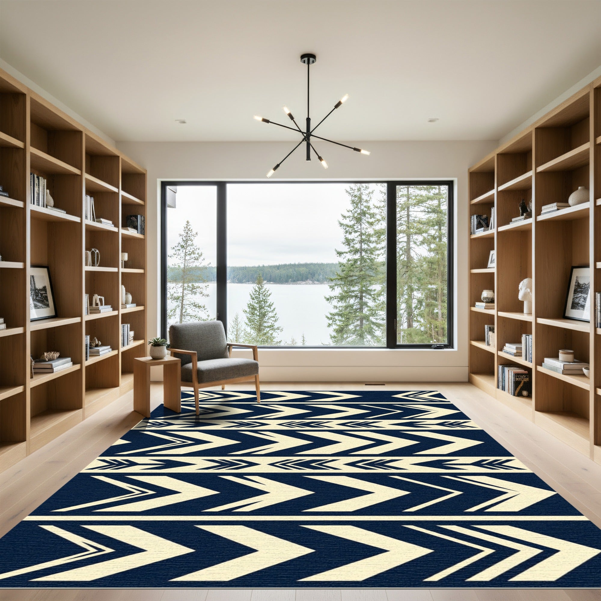 Navy Cream Geometric Chevron Striped Rug