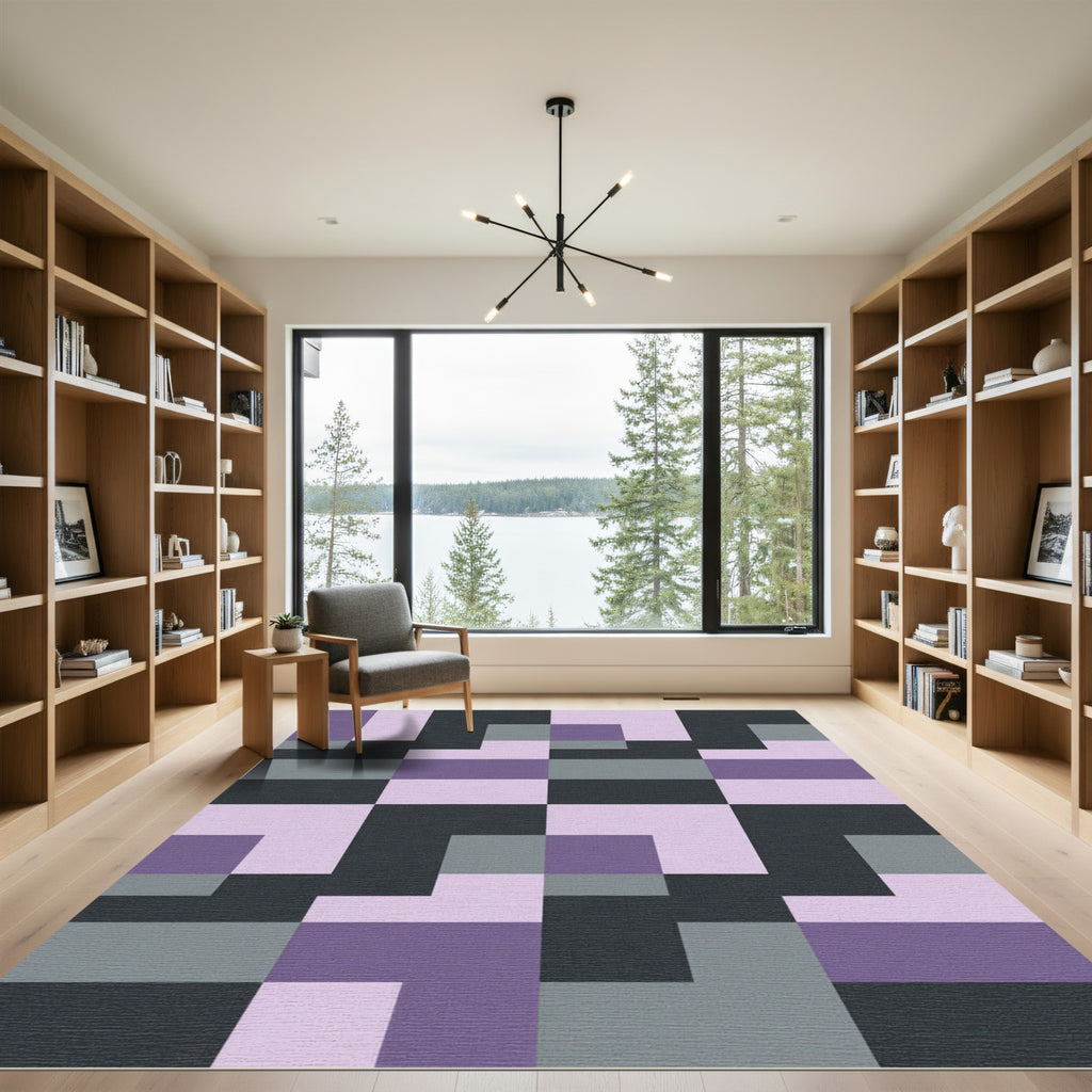 Purple Gray Black Abstract Squares Rug