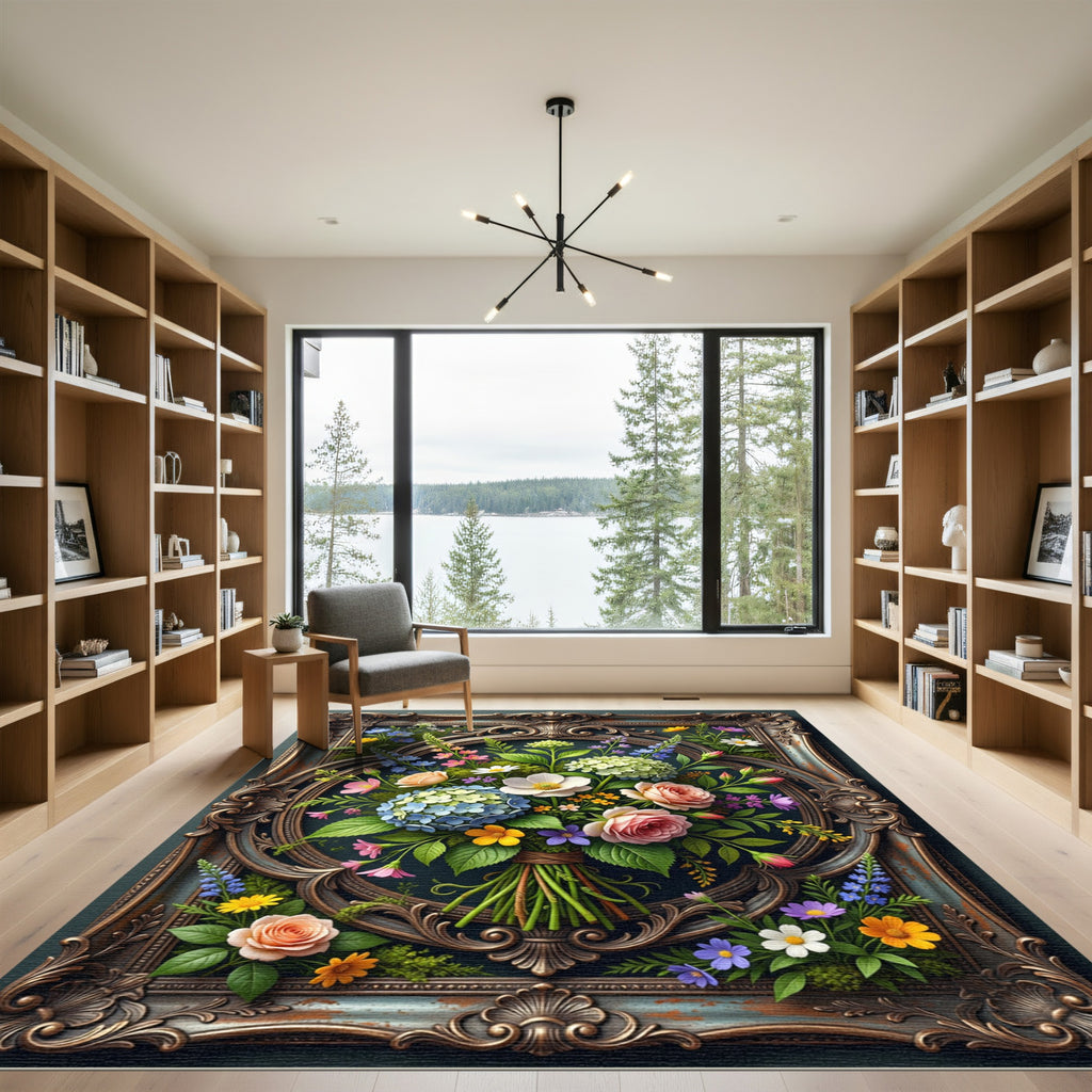 Ornate Framed Floral Bouquet Oil Painting Rug