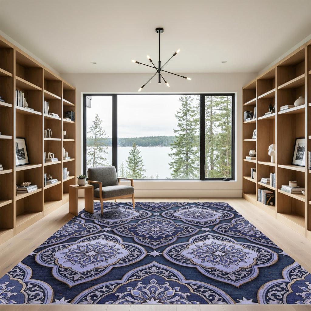 Deep Indigo Floral Arabesque Arrangement Rug