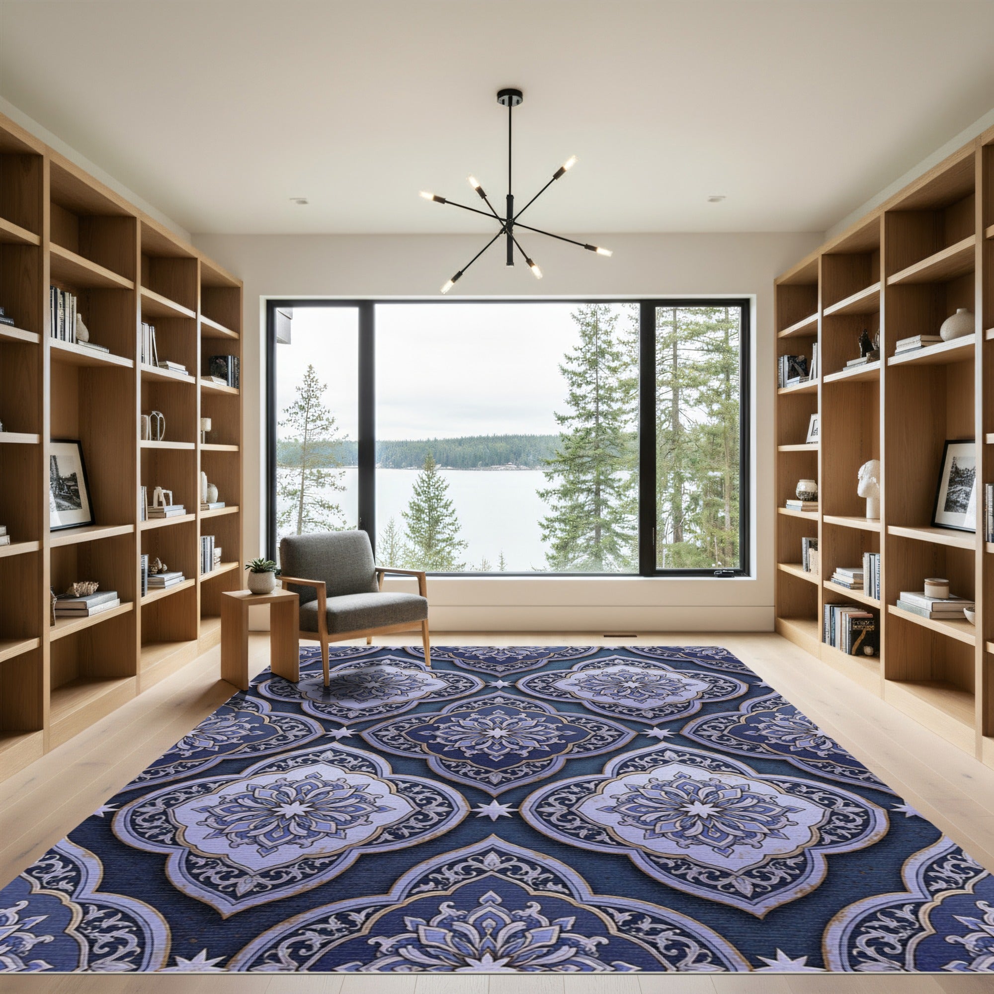 Deep Indigo Floral Arabesque Arrangement Rug