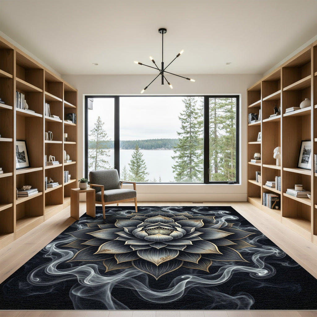 Smoky Charcoal Ethereal Lotus Mandala Rug
