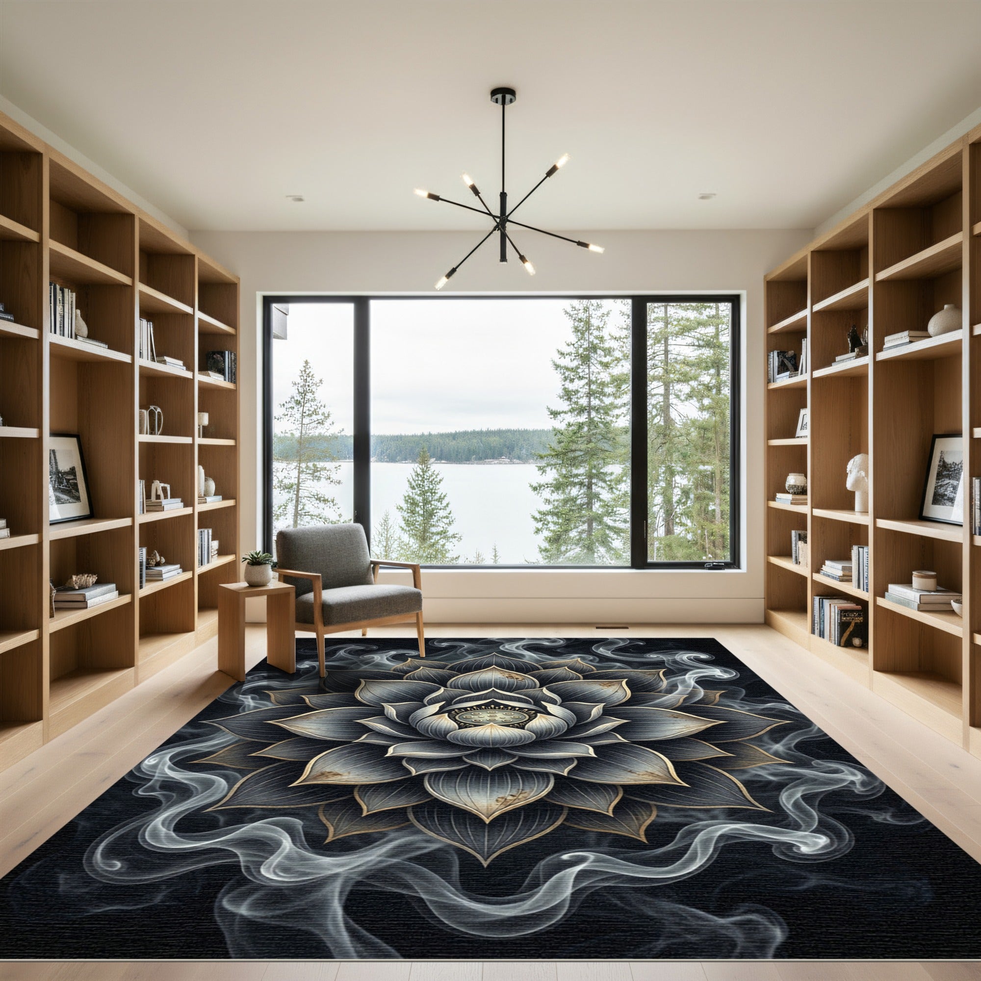 Smoky Charcoal Ethereal Lotus Mandala Rug