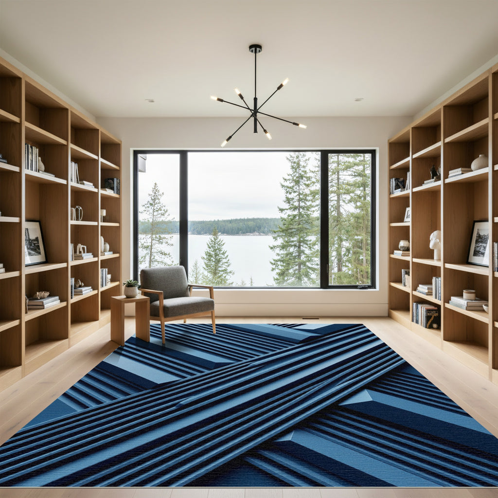 Modern Deep Blue Intersecting Linear Texture Rug