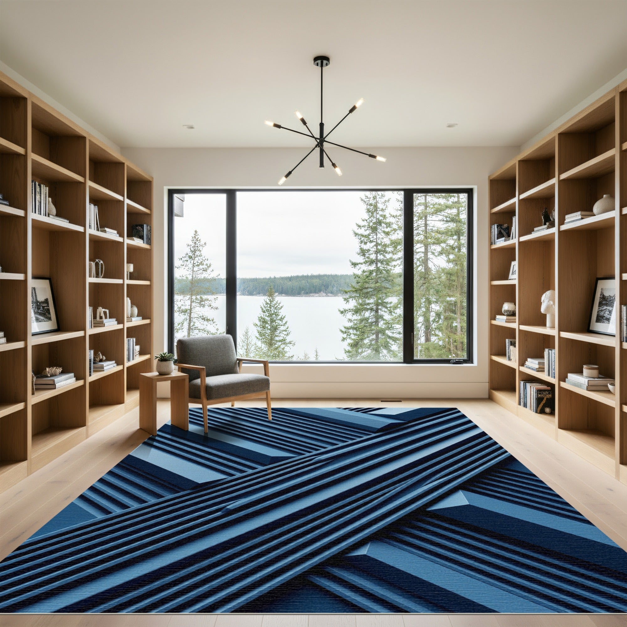 Modern Deep Blue Intersecting Linear Texture Rug