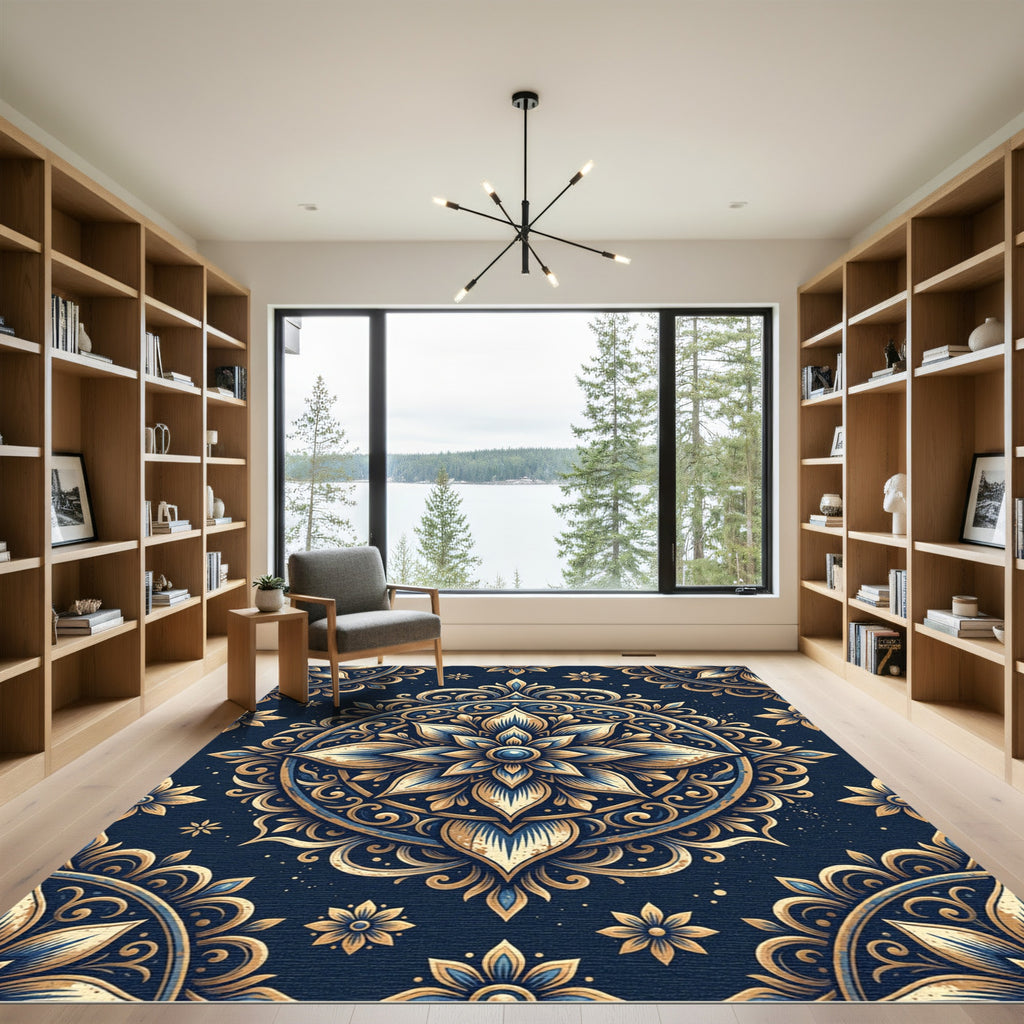 Golden Floral Medallion Navy Ornate Decor Rug