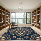 Golden Floral Medallion Navy Ornate Decor Rug