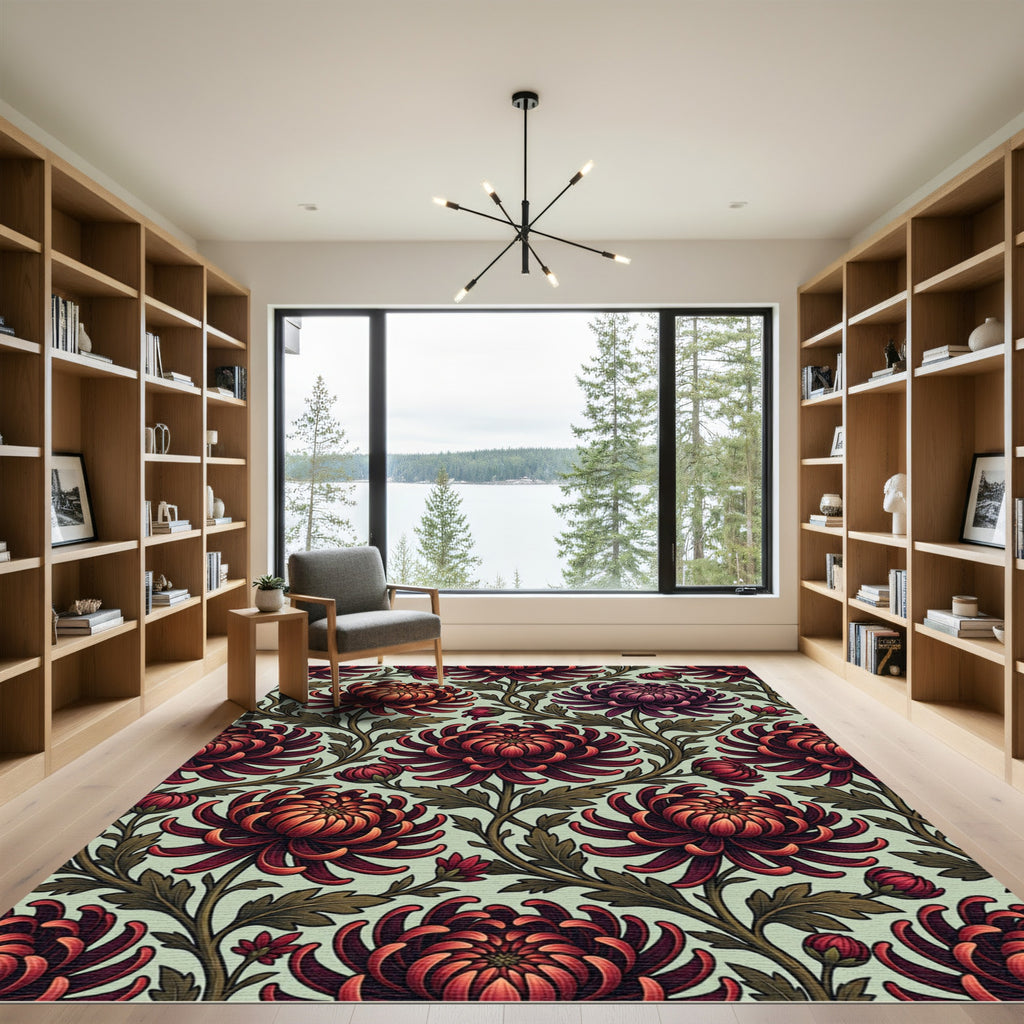 Crimson Mums Botanical Art Nouveau Rug