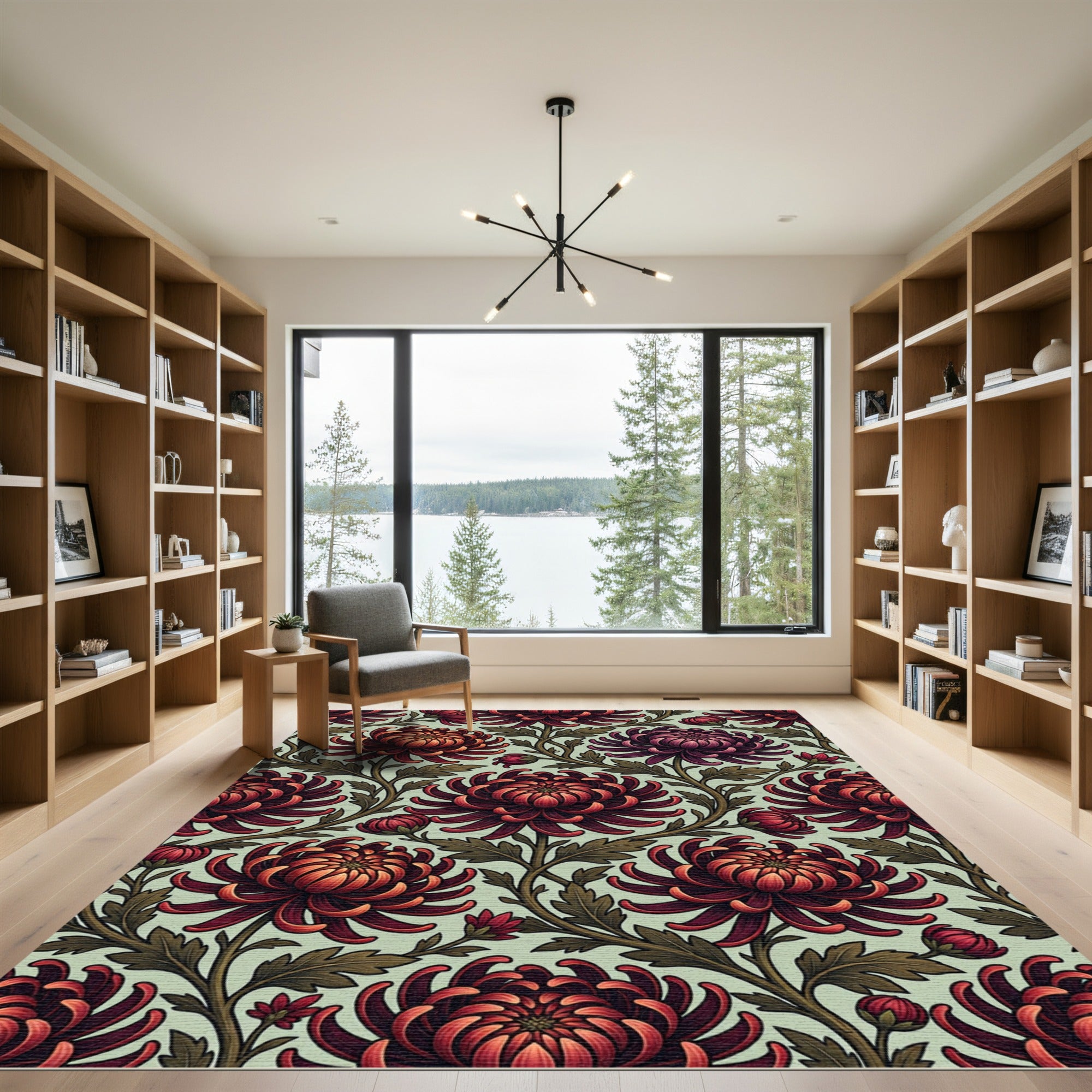 Crimson Mums Botanical Art Nouveau Rug