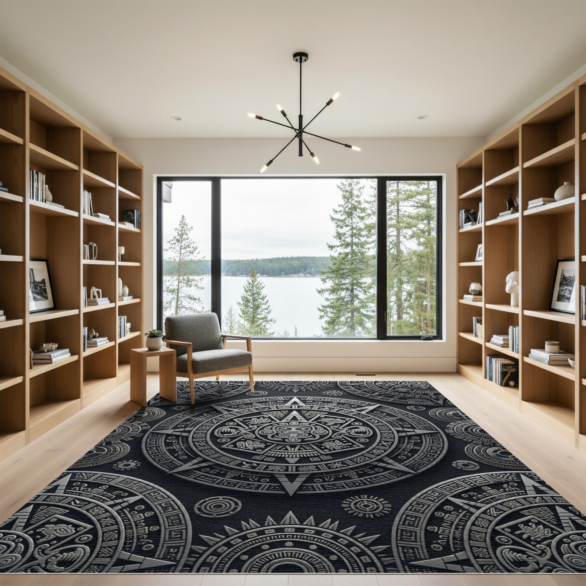 Metallic Silver Aztec Sun Calendar Rug