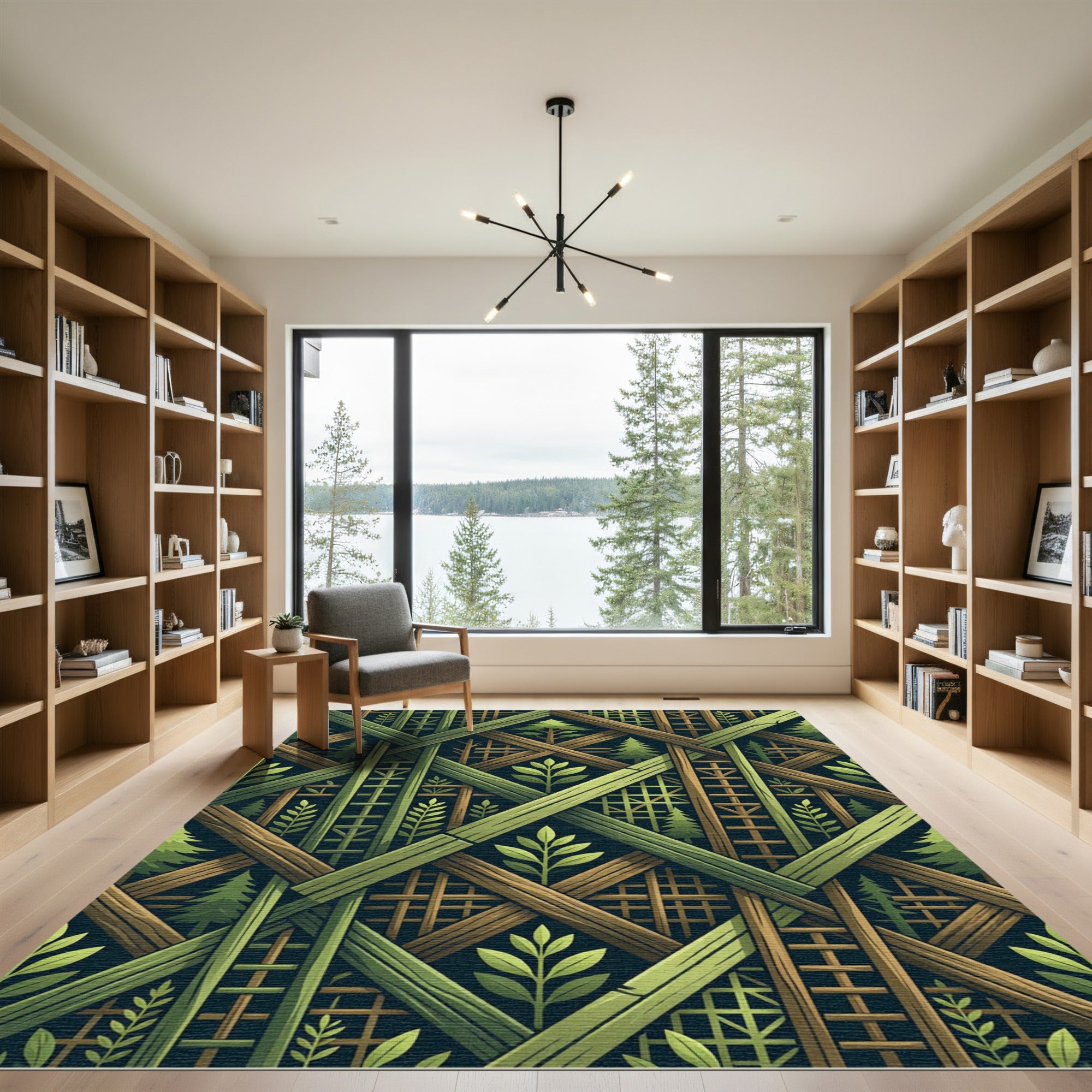 Green Geometric Forest Lattice Weave Rug
