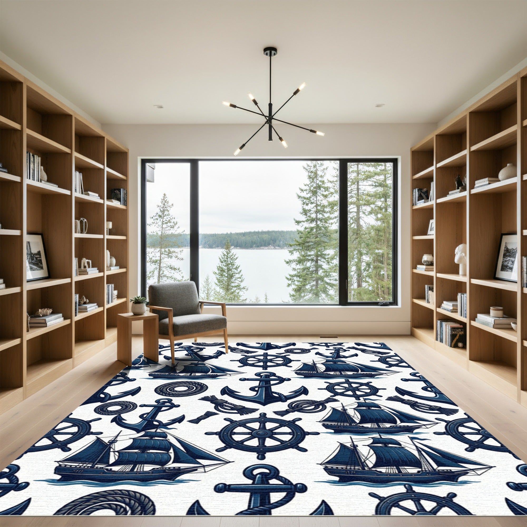 Navy Nautical Anchor Ship Helm Illustration Rug