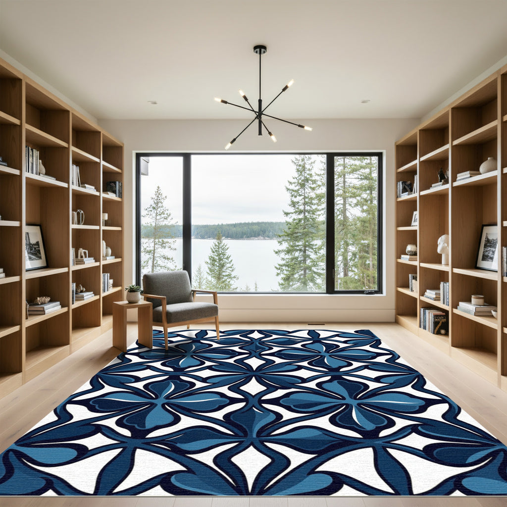 Elegant Navy Sapphire Clover Tile Rug