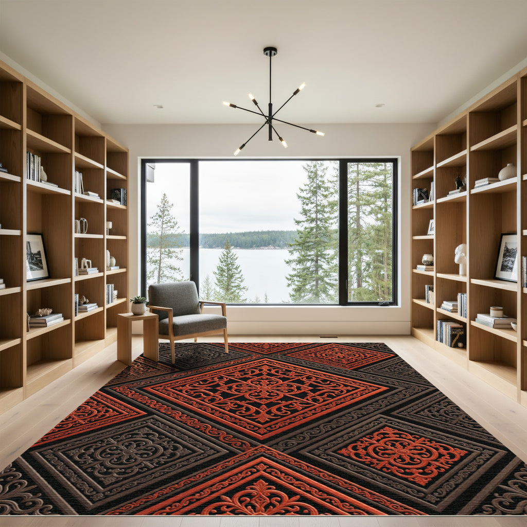 Terracotta Orange Scrollwork Diamond Tile Rug