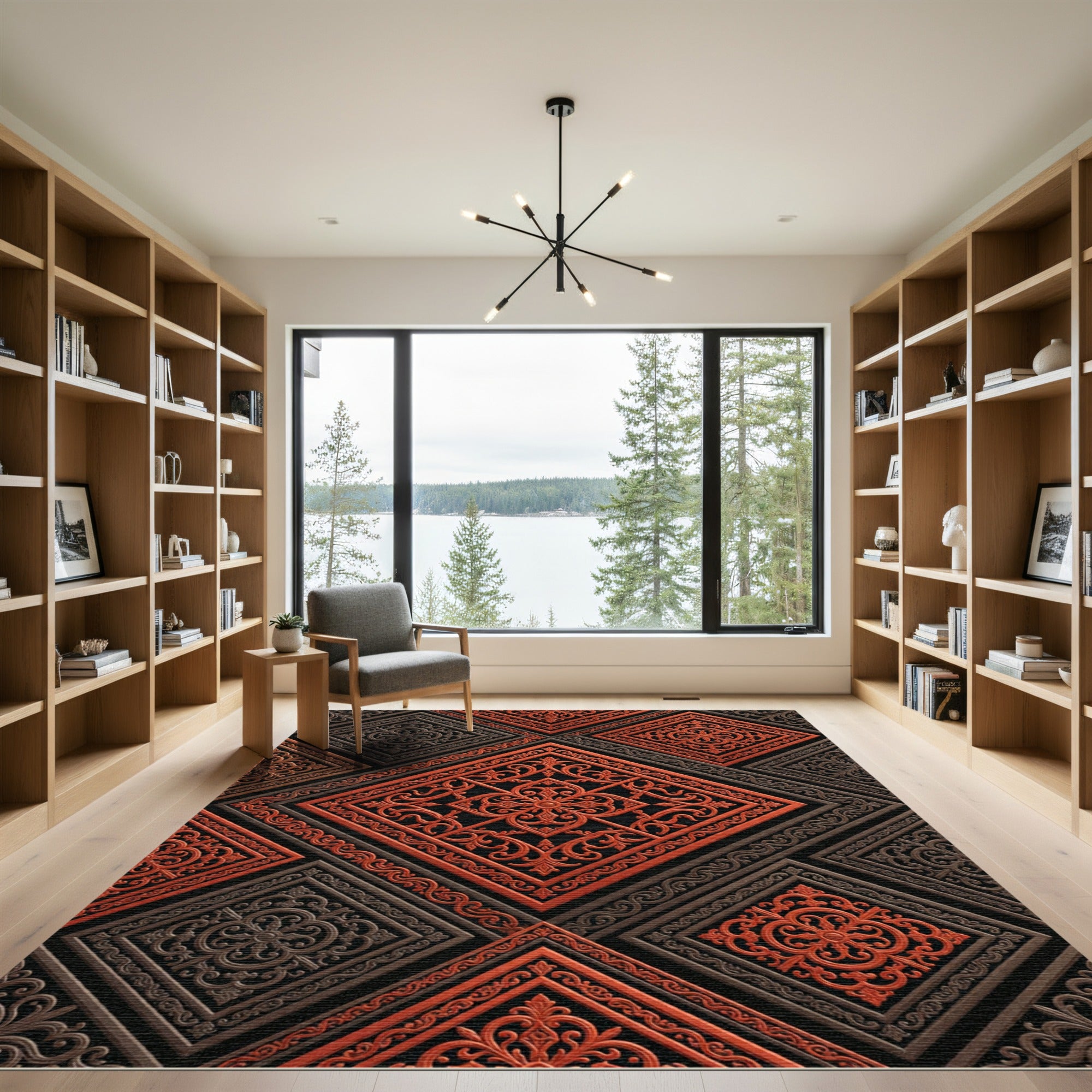 Terracotta Orange Scrollwork Diamond Tile Rug